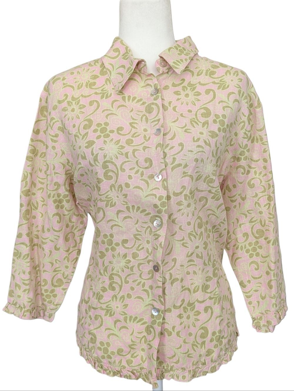 Aegean Womens Pink Green Linen Paisley Floral 3/4 Sleeve Button Up Shirt Medium